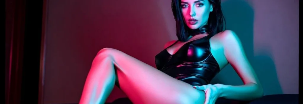 Woman in black latex outfit posing