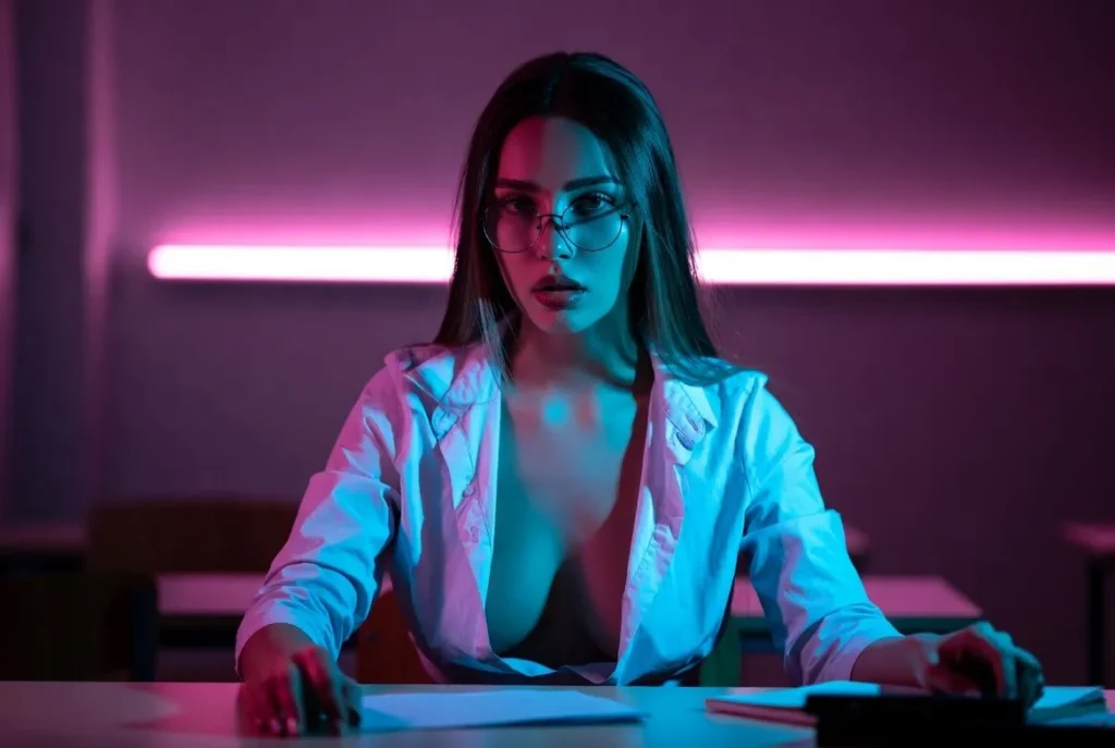 Secretary style cam girl in glasses in office